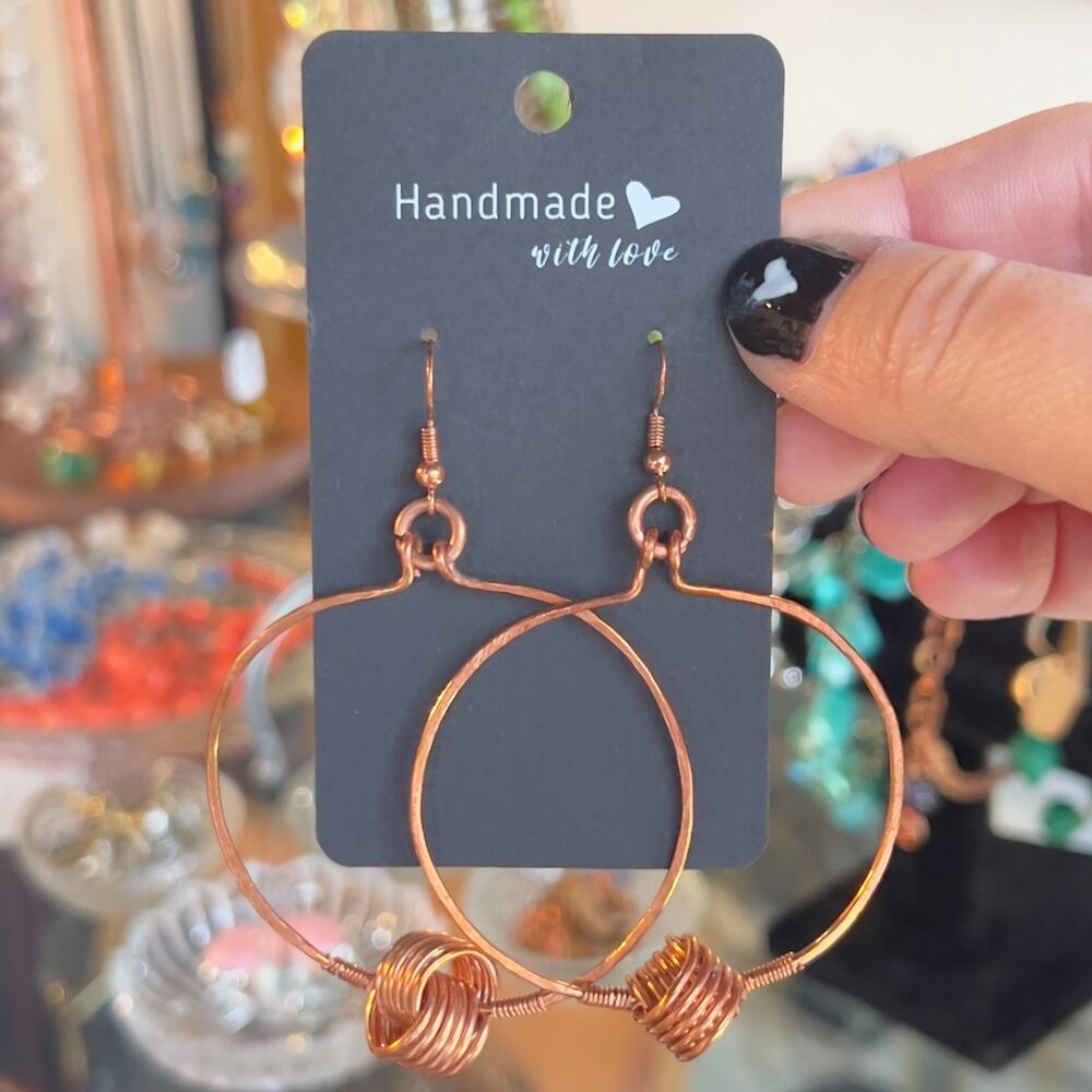 Handmade Artisan Made Copper Hoop Dangle Drop Earrings Unique OOAK Boho